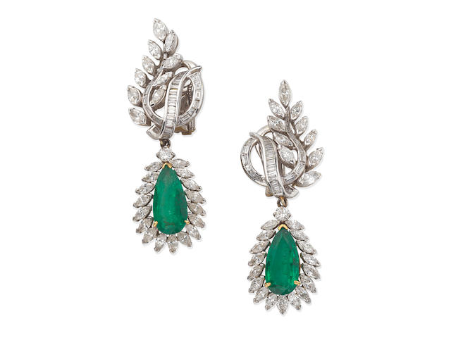 EMERALD AND DIAMOND PENDENT EARCLIPS