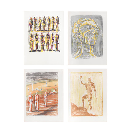 Henry Moore O.M., C.H. (British, 1898-1986) Prométhée; Heads, Figures and Ideas The complete portfolio comprising 15 lithographs in colours, 1950, on Marais paper, with title page, text and justification page numbered 97 of 183, published by Henri Jonquières, PA Nicaise Éditeur, Paris, the full sheets loose (as issued); together with Heads, Figures and Ideas, the complete book, comprising one lithograph in colours, 1958, on hand-made paper watermarked with the artist's signature, loose (as issued), with title page, text, and 58 facsimile plates, printed by Curwen Press, London, co-published by George Rainbird Ltd., London and New York Graphic Society Ltd., Greenwich, Connecticut, the full sheets, bound (as issued)Overall 473 x 333mm (18 5/8 x 13 1/8in)(and smaller)(2) image 1