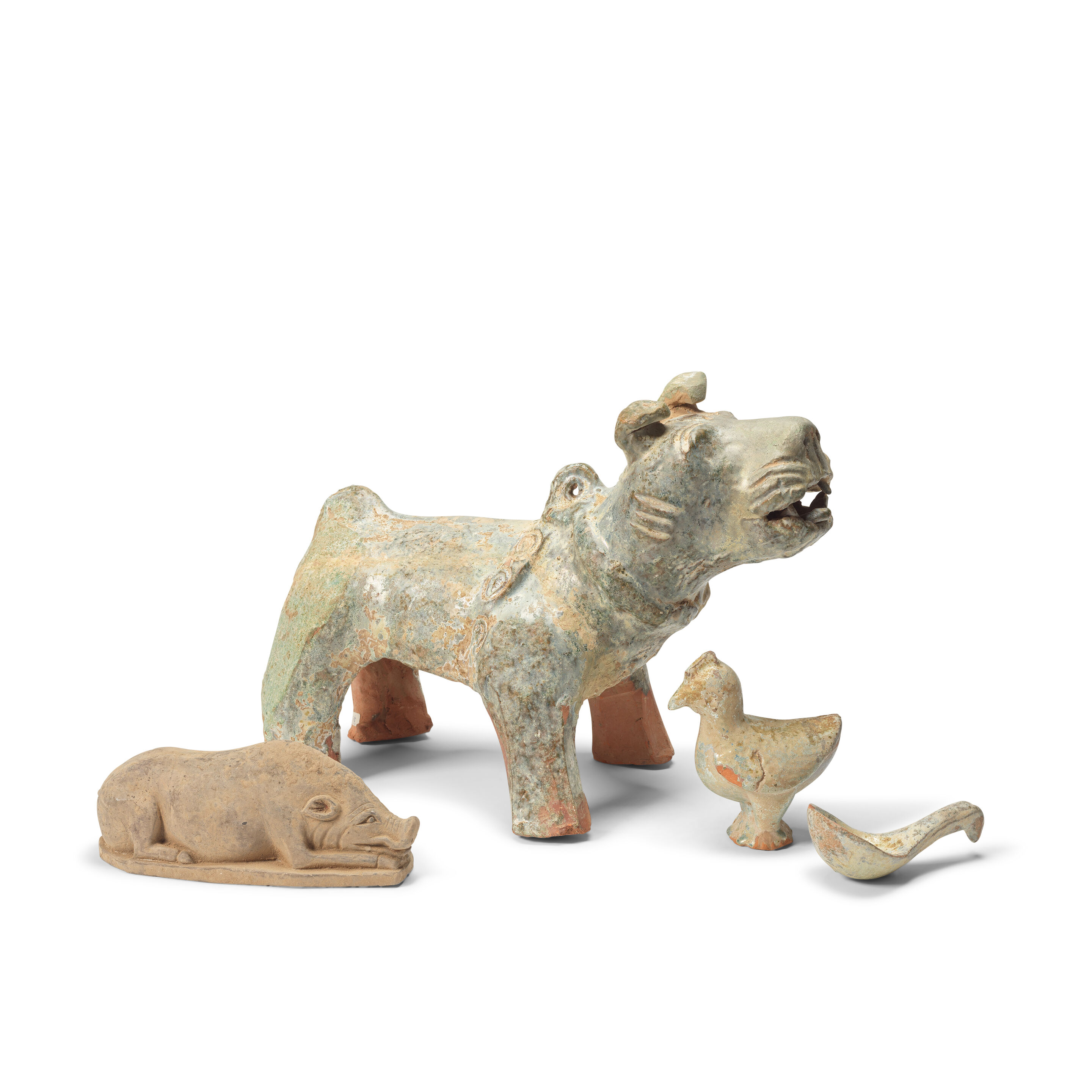 THREE POTTERY MODELS OF ANIMALS AND A LADLE Han Dynasty
