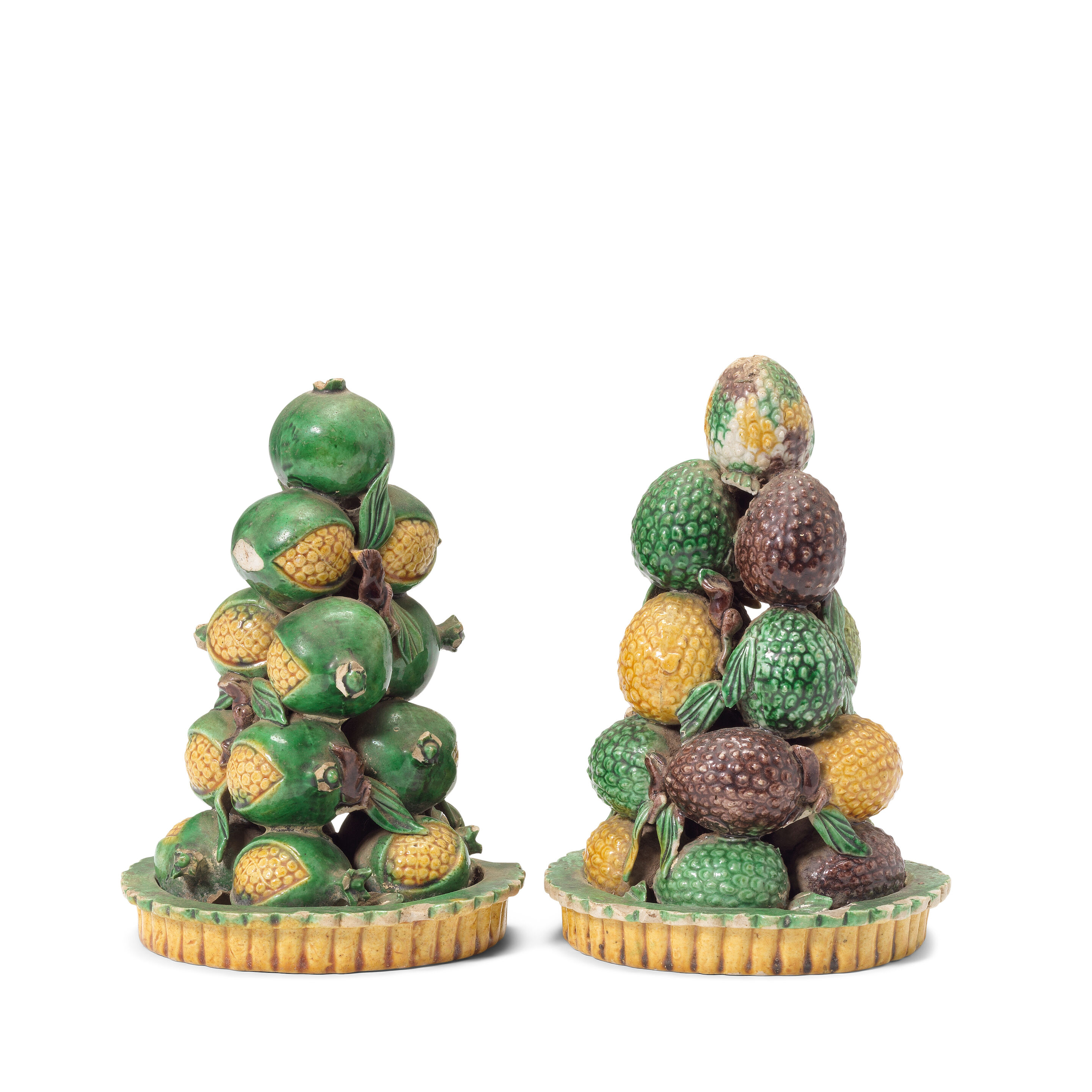TWO FAMILLE VERTE BISCUIT 'FRUIT' PYRAMIDS Kangxi
