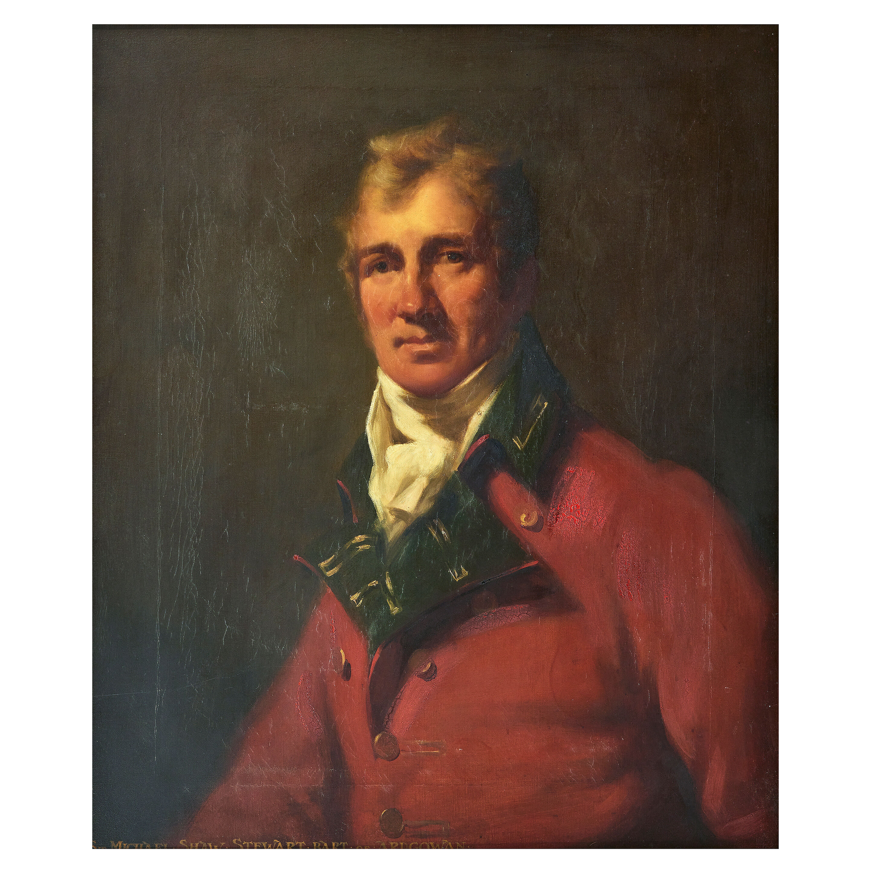 Half length, in the Caledonian Hunt scarlet coat with green collars
