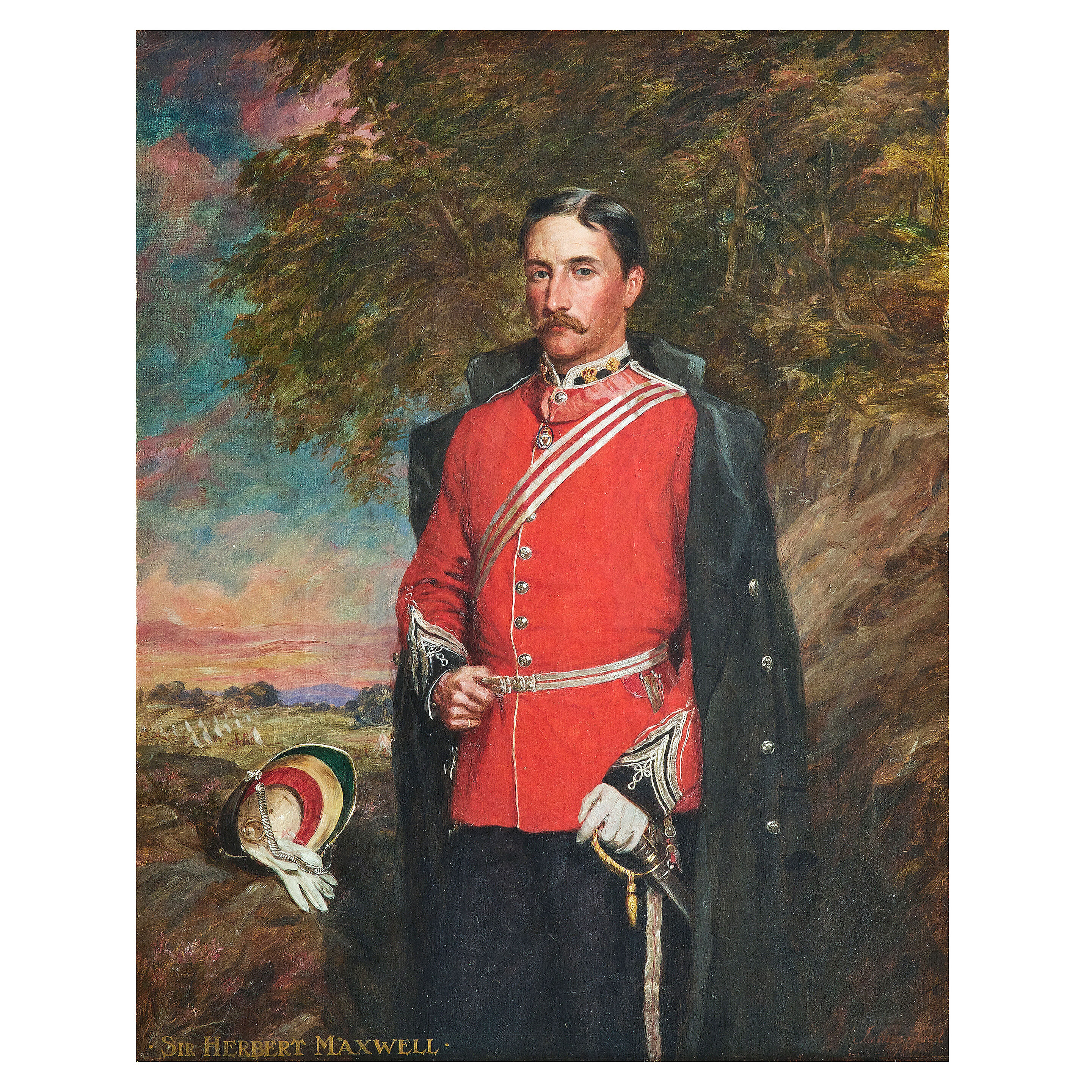 Three-quarter length, in uniform, in a landscape, an encampment beyond