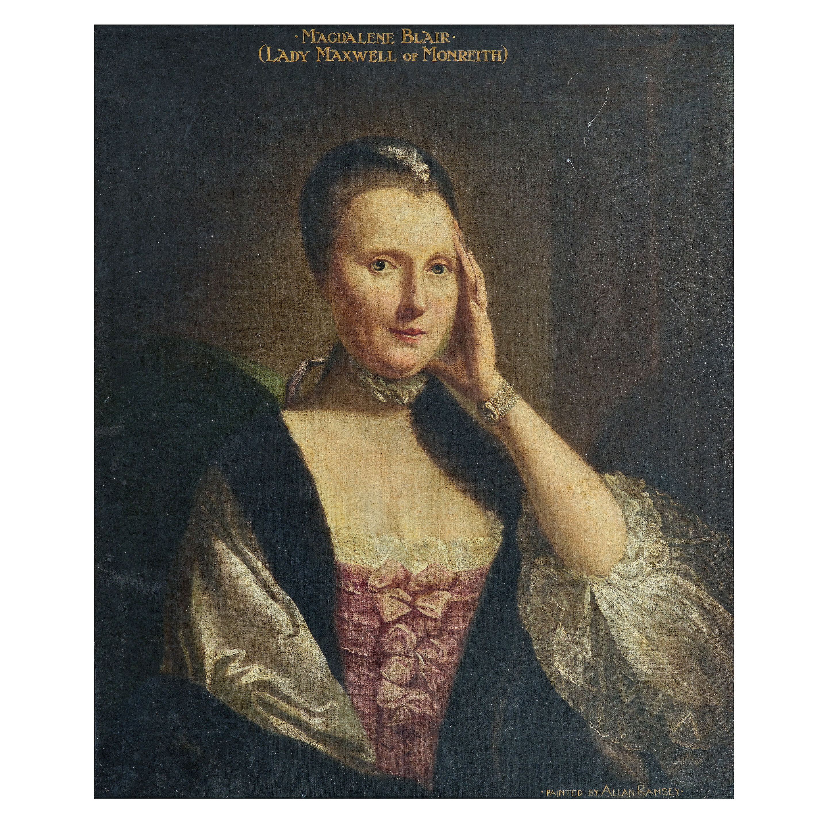 Half length, in a pink dress and fur stole