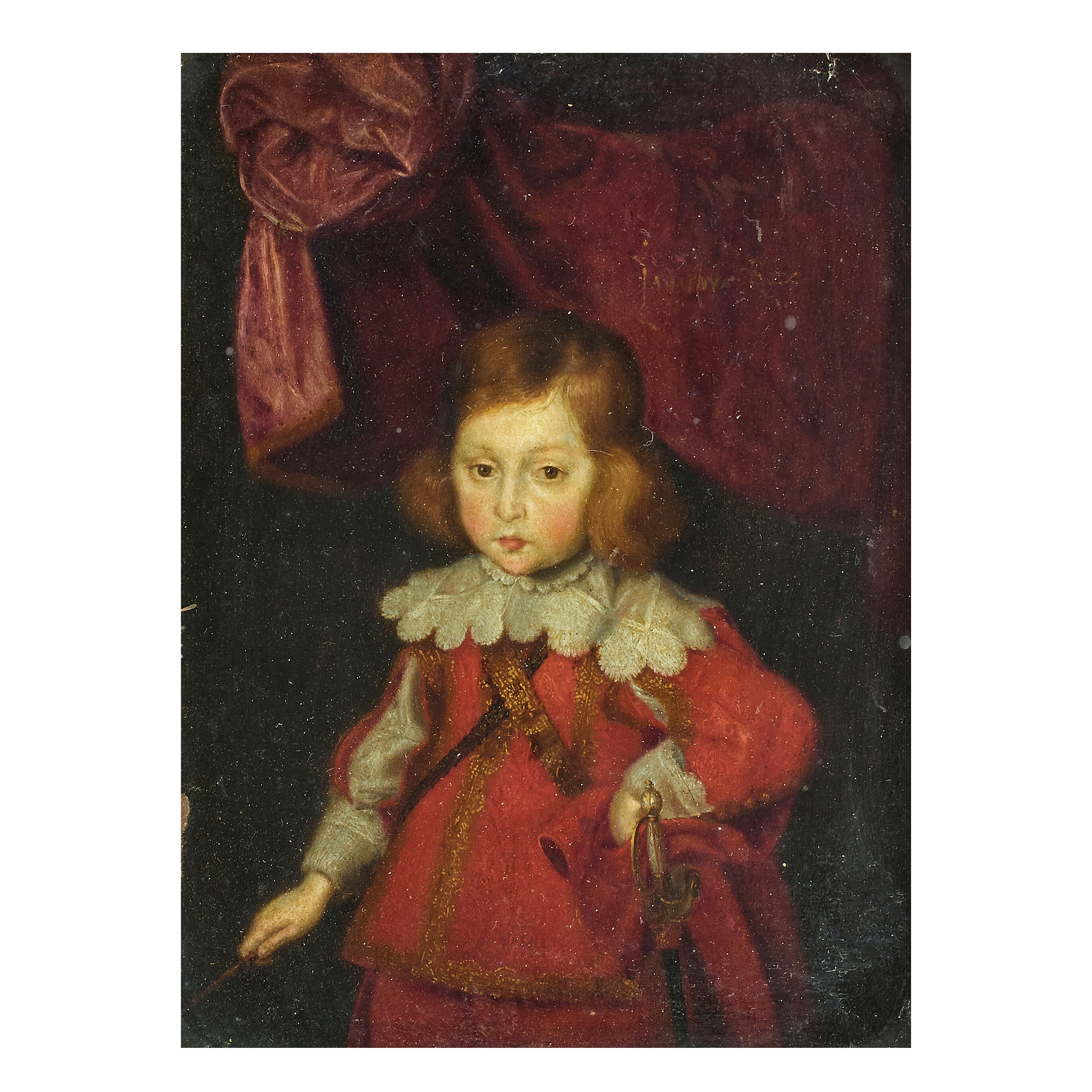 English School (17th century) Portrait of a young boy, said to be James, Duke of York, three-quarter length, in a red coat with lace collar