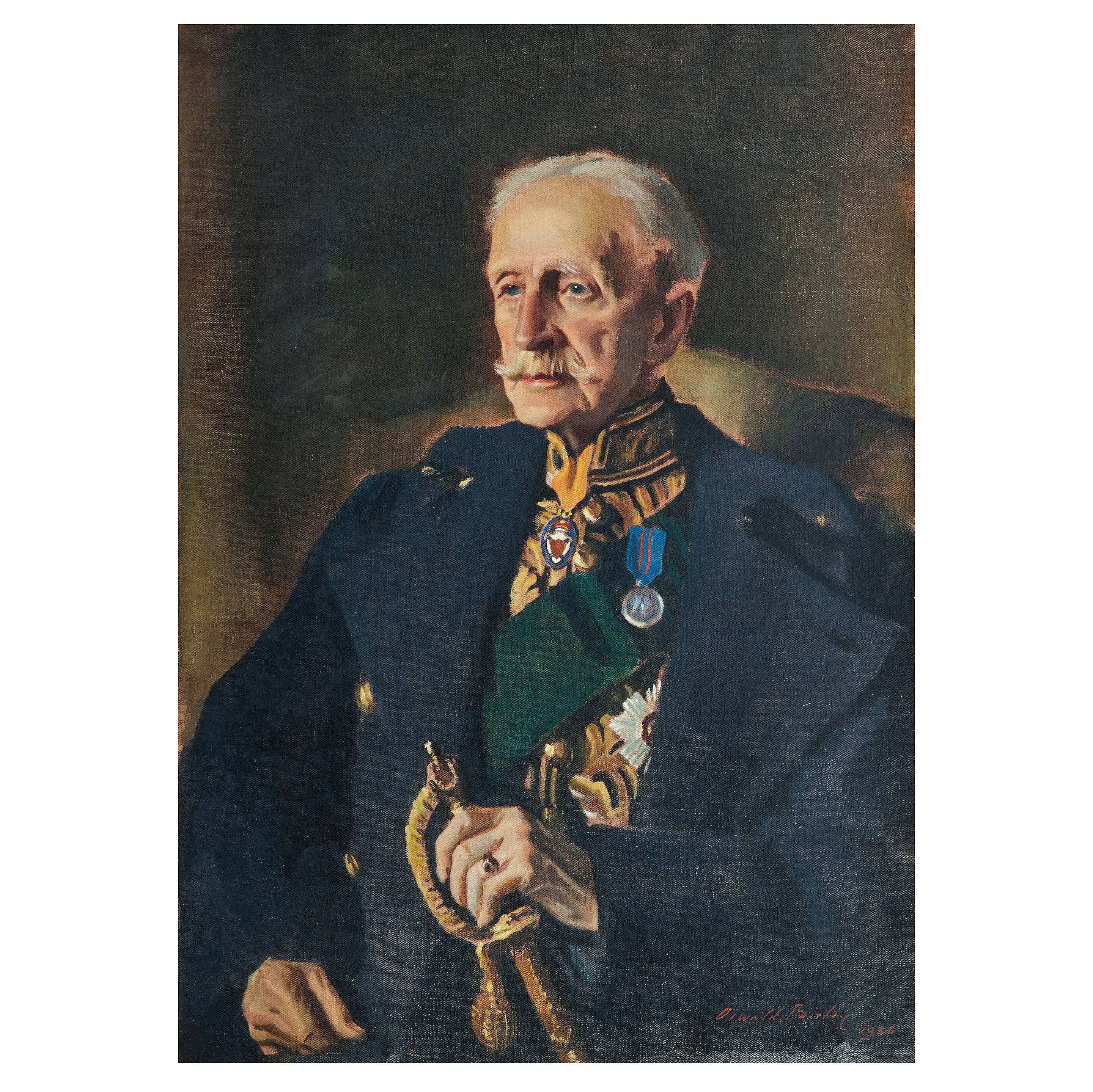Seated half length, in uniform, holding a sword