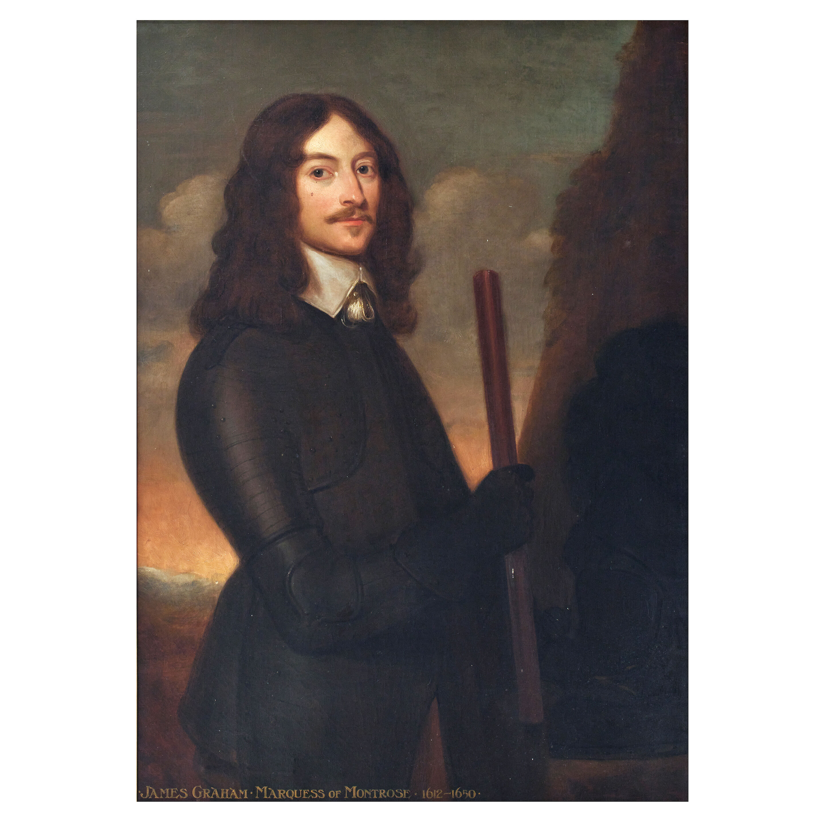 Three-quarter length, in armour, holding a baton