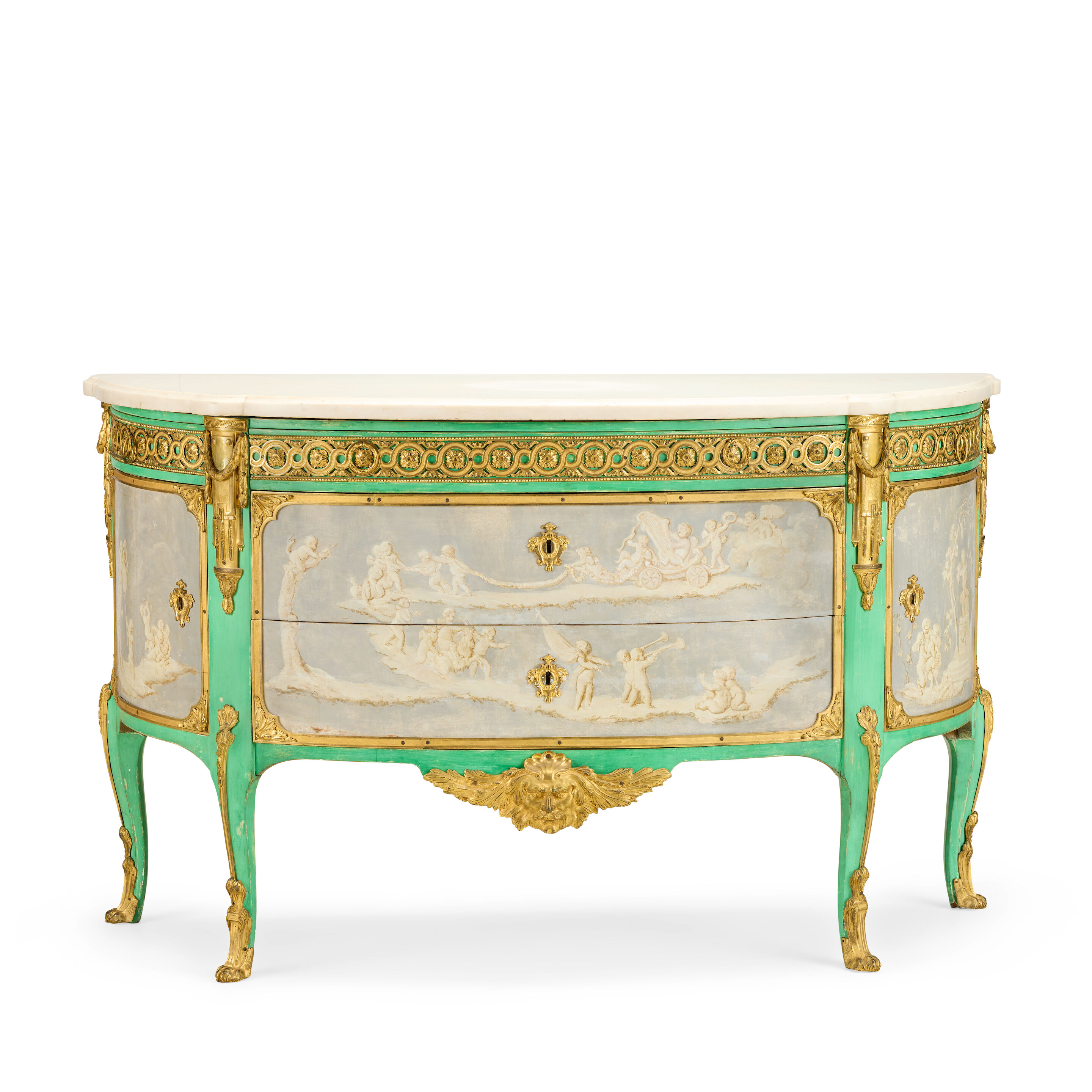 An important late Louis XV ormolu mounted green painted and grisaille decorated commode by René Dubois, Circa 1770