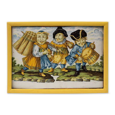 Italian Castelli rectangular polychrome decorated maiolica "GOBBI" plaque, 18th century