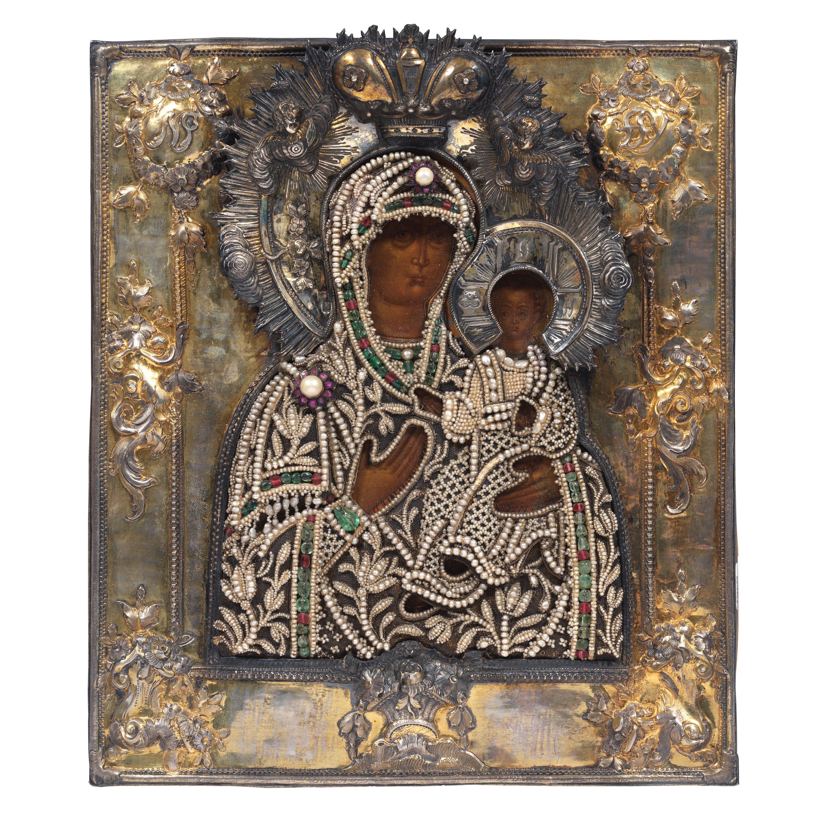 Icon of the Smolenskaya Mother of God maker's mark in Cyrillic 'S.M', assay mark in Cyrillic 'A.B' for A.Vikhliaev 1788, Moscow