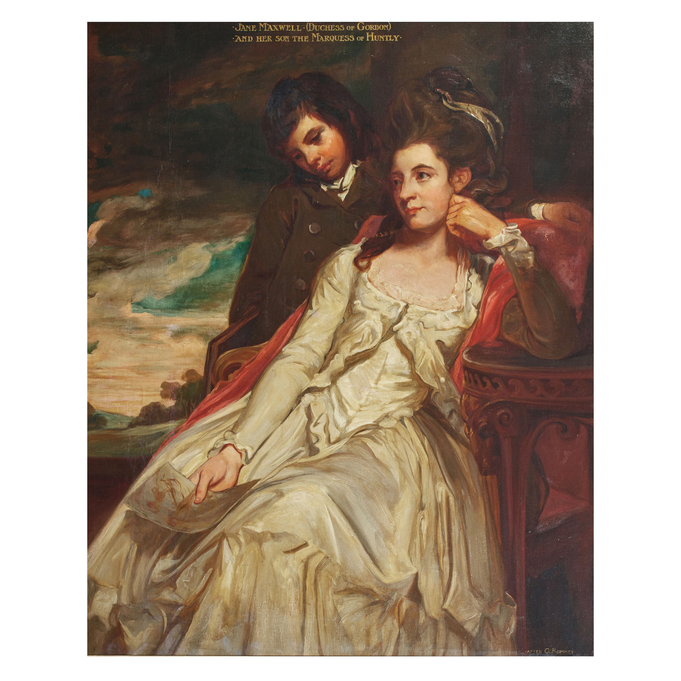 Three-quarter length, before a landscape