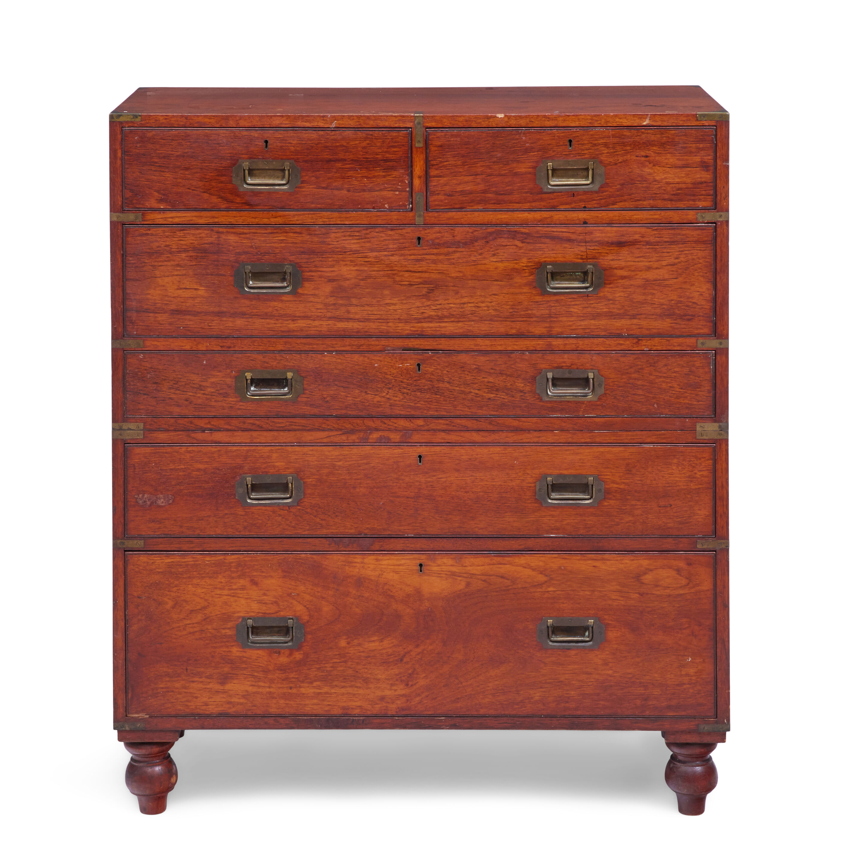 A Victorian teak and brass bound secretaire campaign chest Second-half 19th century, made by Army and Navy