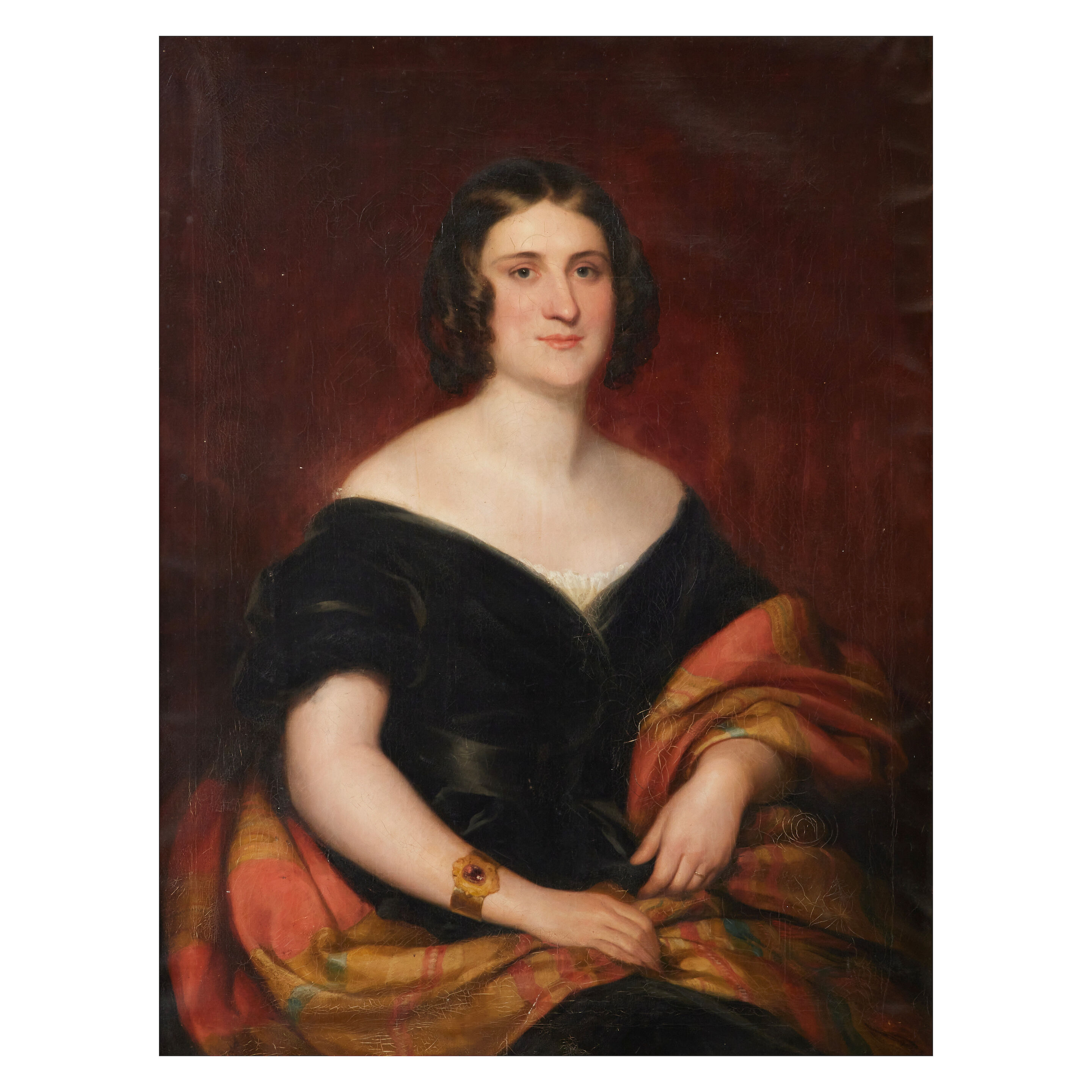 5th Bt. of Greenock and Blackhall and later Ardgowan, married 1833 Sir William Maxwell of Monreith, 6th Bt, three-quarter length seated, in a black dress and striped shawl in 19th century gilt composition frame
