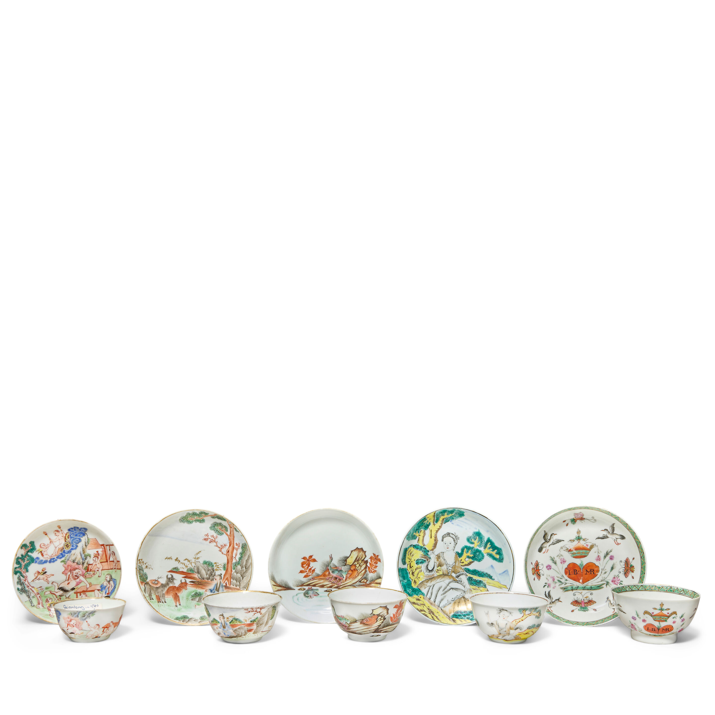 FIVE EXPORT TEABOWLS AND SAUCERS Qianlong