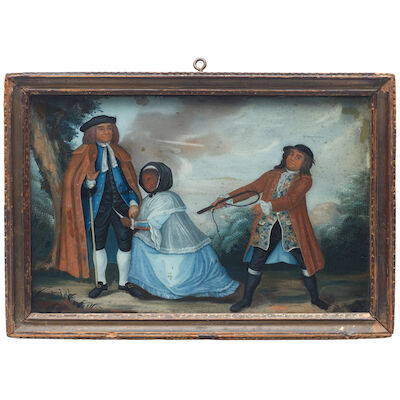 A RARE REVERSE GLASS 'SHE STOOPS TO CONQUER' PAINTING Circa 1800