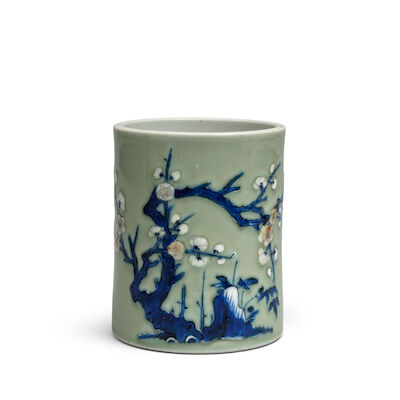 A CELADON-GROUND BLUE AND WHITE, COPPER-RED AND CREAM BRUSHPOT, BITONG Kangxi
