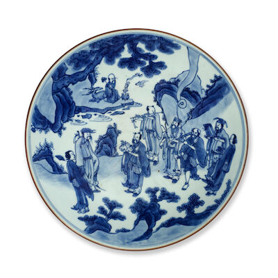 A LARGE BLUE AND WHITE 'SHOULAO AND THE EIGHT DAOIST IMMORTALS' DISH Yutang Jiaqi four-character mark, Shunzhi