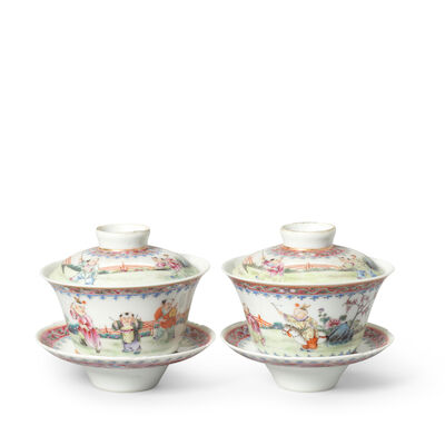 A PAIR OF FAMILLE ROSE 'BOYS' TEA BOWLS, COVERS AND STANDS Qianlong six-character marks, Republic period (6)