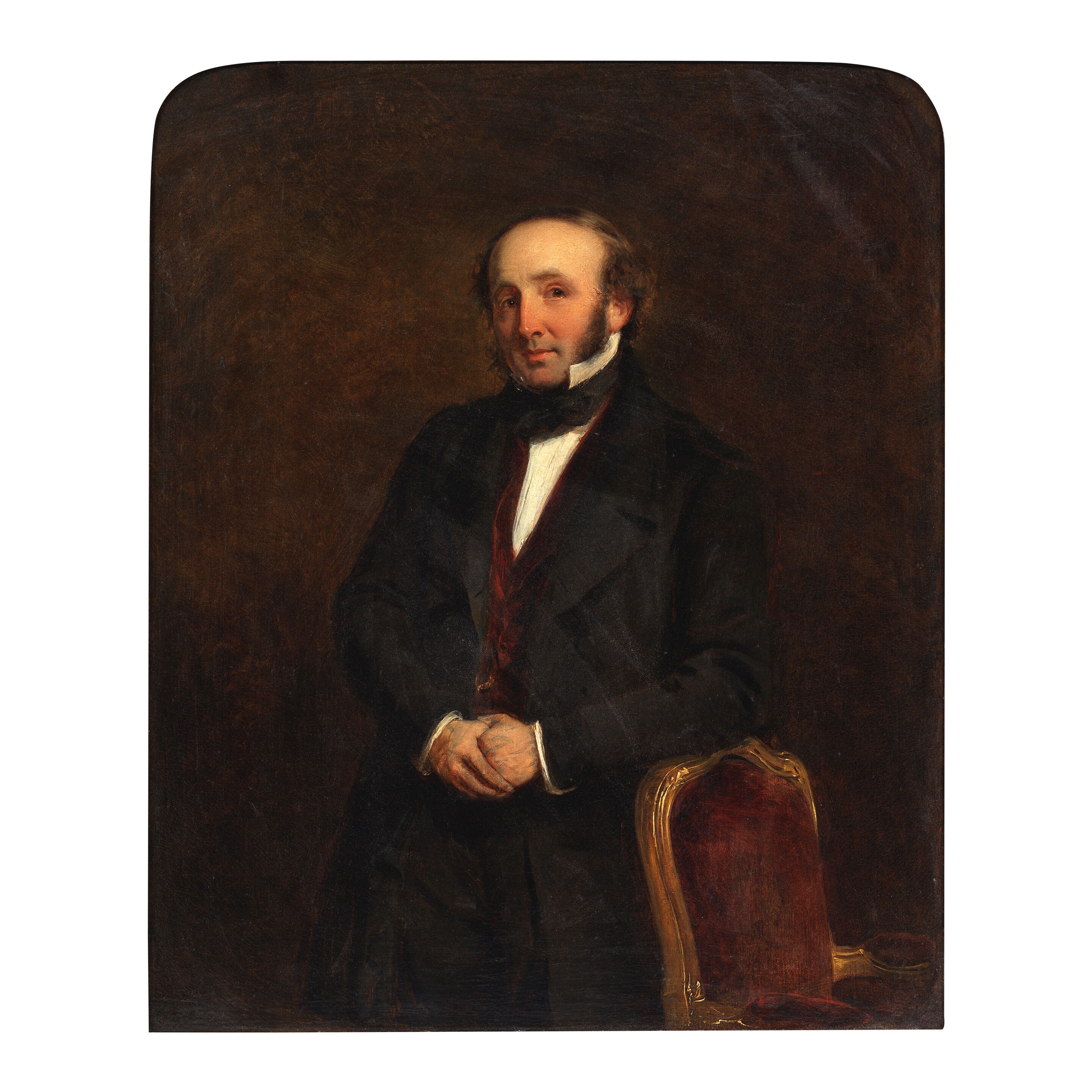 English School mid 19th Century Portrait of William Augustus Philips, , standing three-quarter length, and resting on a chair