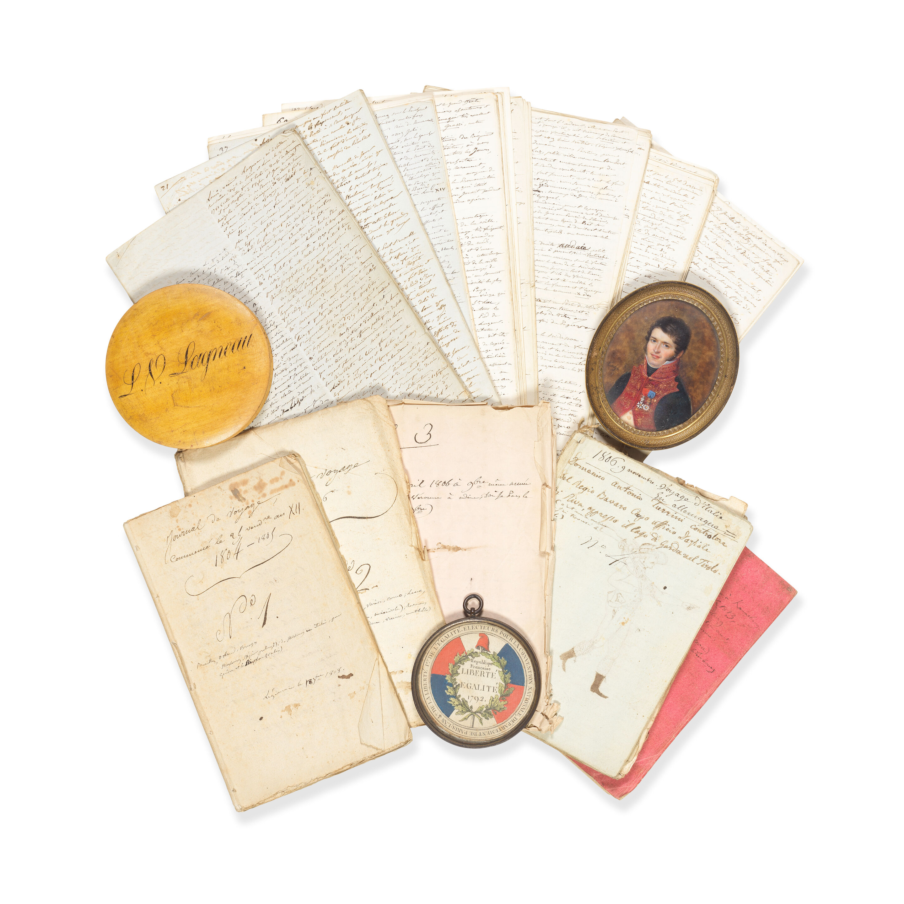 NAPOLEONIC WARS – DR LOUIS-VIVANT LAGNEAU Collection relating to the life and career of Dr Louis-Vivant Lagneau, , military surgeon in Napoleon's army, comprising manuscript material, medals and portrait miniatures