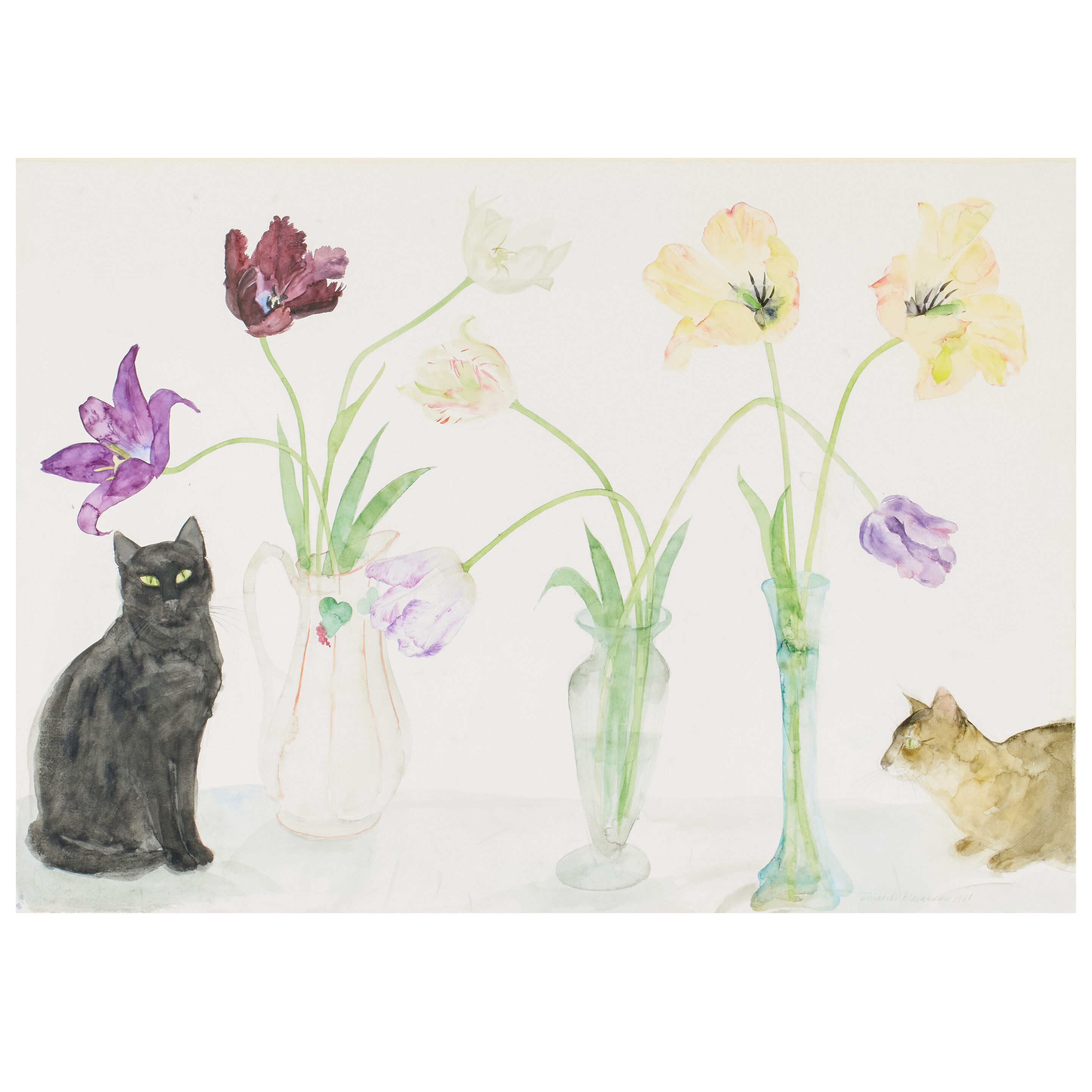 Black Cat, Abyssinian Cat and Tulips