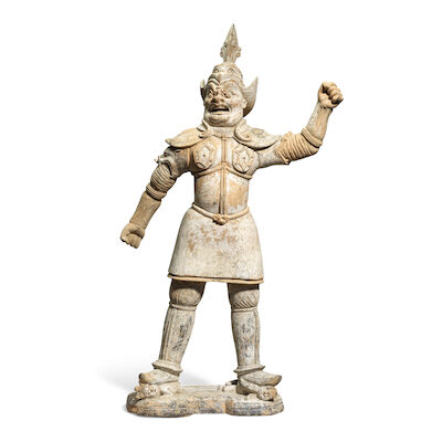 A LARGE GREY POTTERY FIGURE OF LOKAPALA Early Tang Dynasty