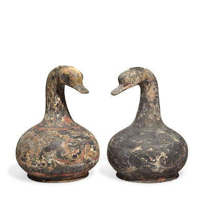 TWO PAINTED GREY POTTERY GOOSE-HEADED VESSELS Han Dynasty (2)