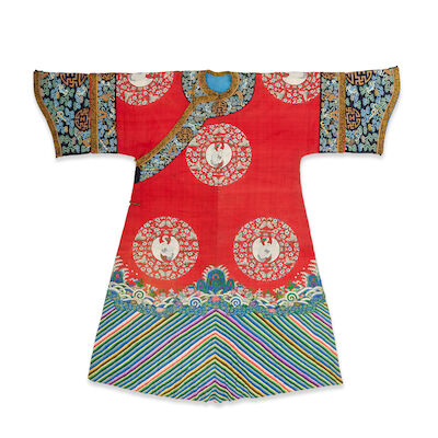 A RED-GROUND KESI 'CRANE ROUNDELS' ROBE Late Qing Dynasty