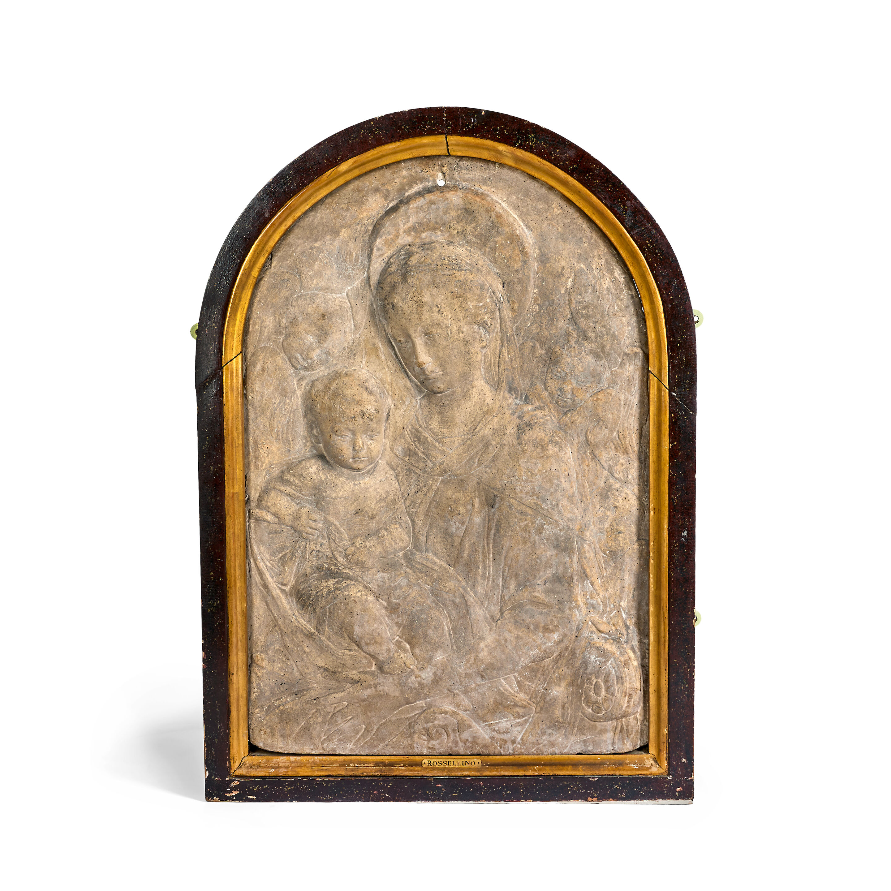 A late 19th century simulated terracotta plaster relief of the Madonna and Child with angels