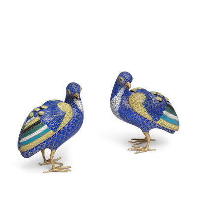 A PAIR OF CLOISONNÉ ENAMEL 'QUAIL' INCENSE BURNERS AND COVERS Qianlong/Jiaqing (4)