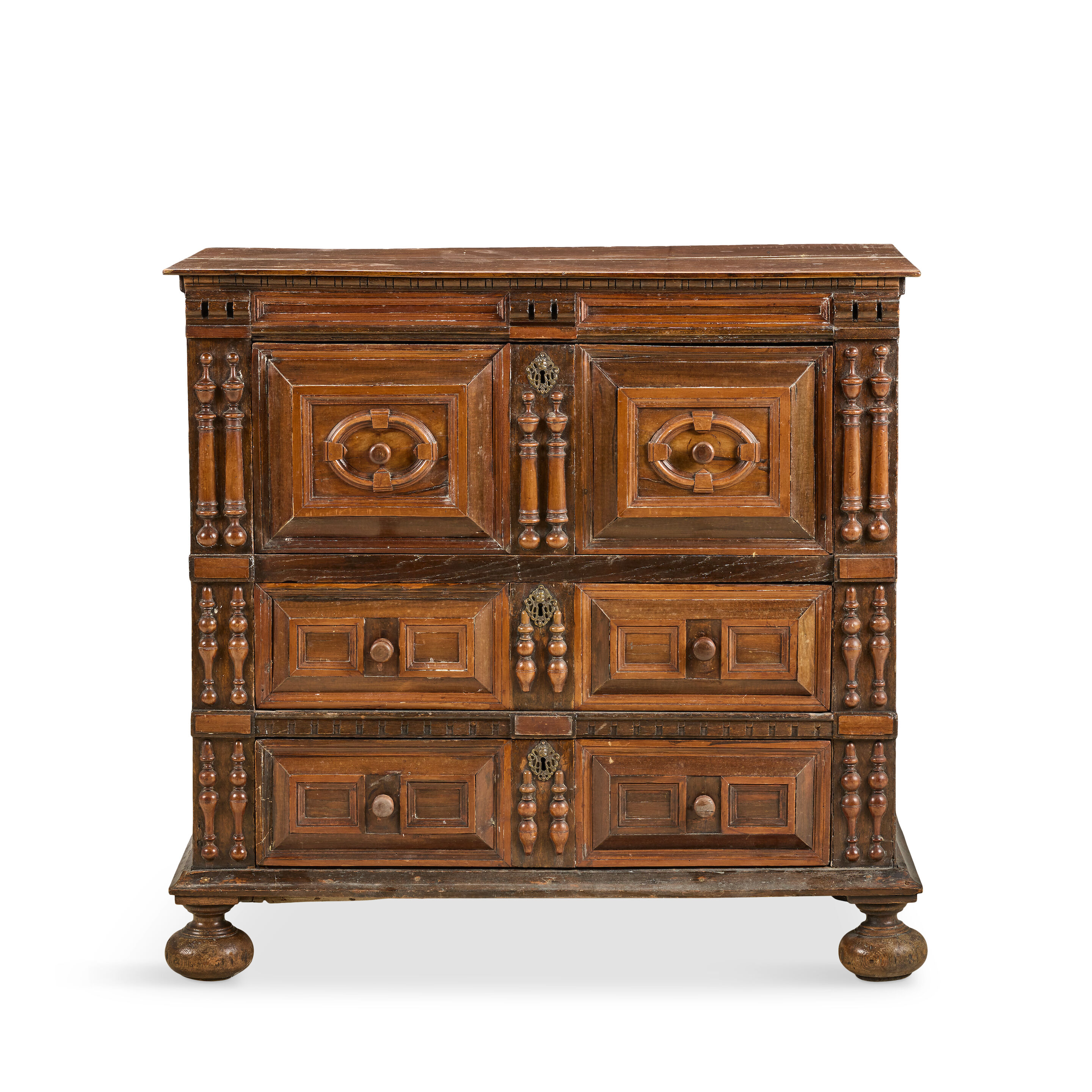 A Charles II oak, snakewood and walnut chest 1660-1680