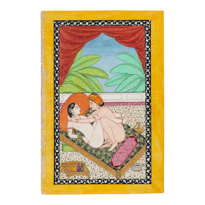 A nobleman and his mistress in an erotic embrace by a palace window, palm trees beyond Kangra, circa 1830-50