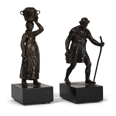 Deux figures en bronze représentant un moissonneur et une paysanneD'après Barthélemy Prieur (1536-1611)France, fin du XVIIe siècle et fin du XVIIIe-début du XIXe siècleTwo bronze figures of a harvester and a peasant womanAfterBarthélemy Prieur (1536-1611)France, late 17th century and late 18th-early