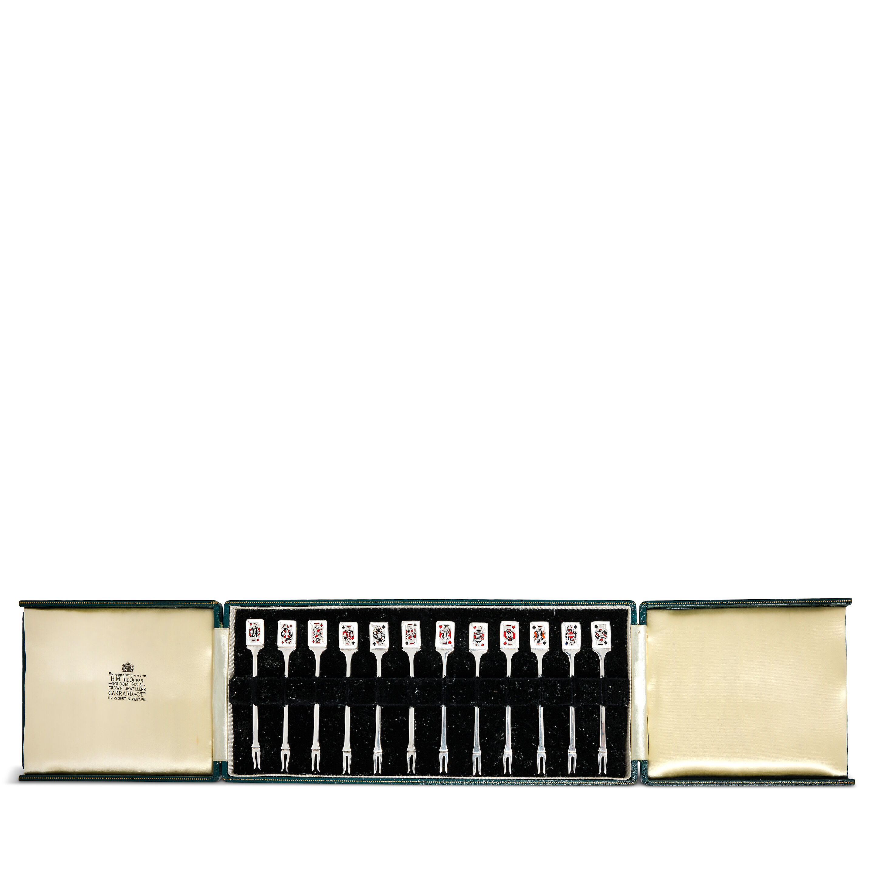 A cased set of twelve silver and enamel novelty cocktail sticks Garrard & Co Ltd, Birmingham 1961, one lacking town and date mark