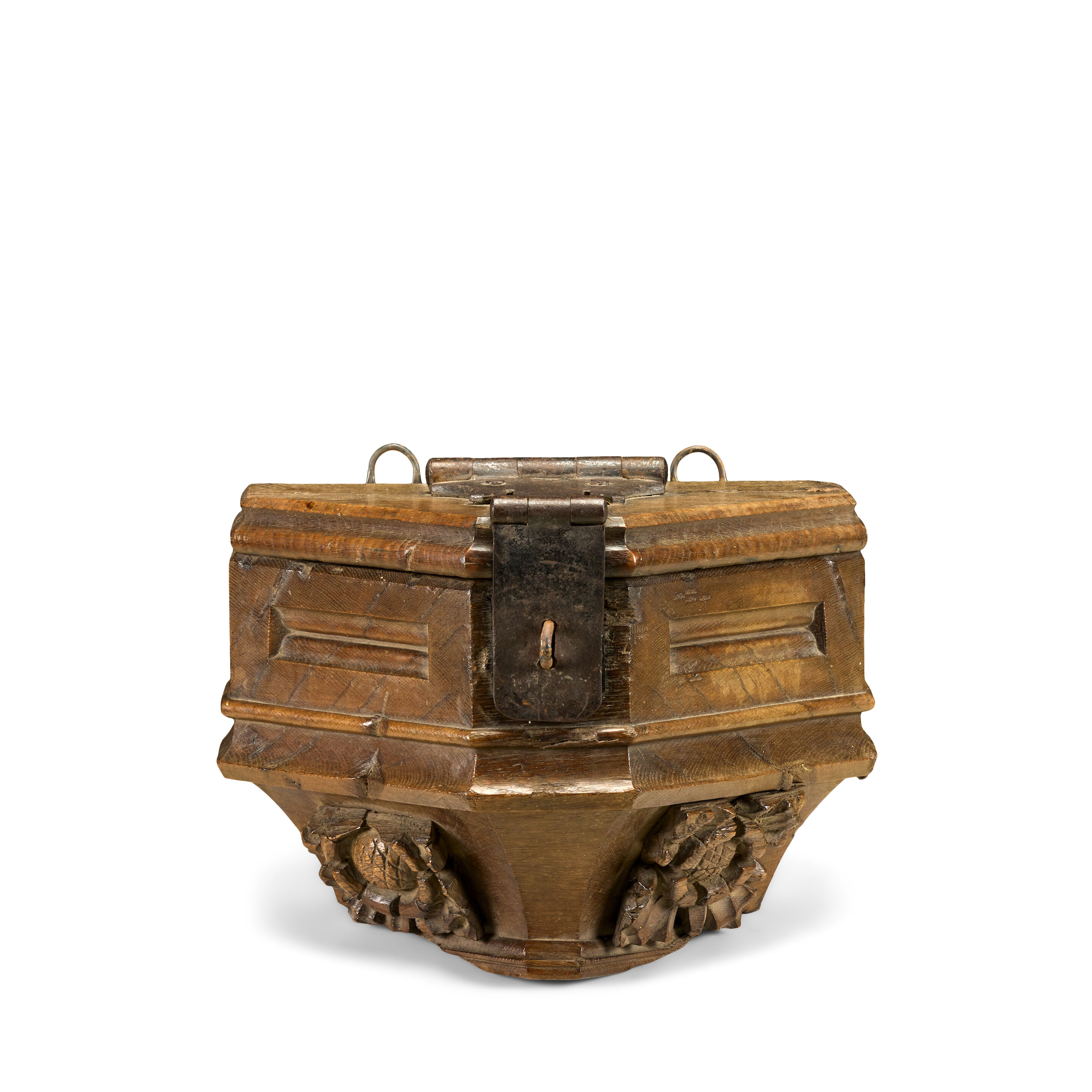 A carved oak and iron bound offertory box English, 15th century