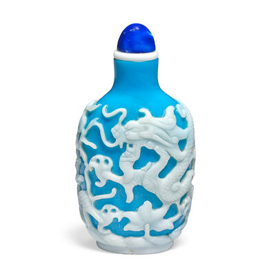 A WHITE-OVERLAY SKY BLUE GLASS 'DRAGONS' SNUFF BOTTLE Attributed to the Imperial workshops, Qing Dynasty, 1760-1790 (2)