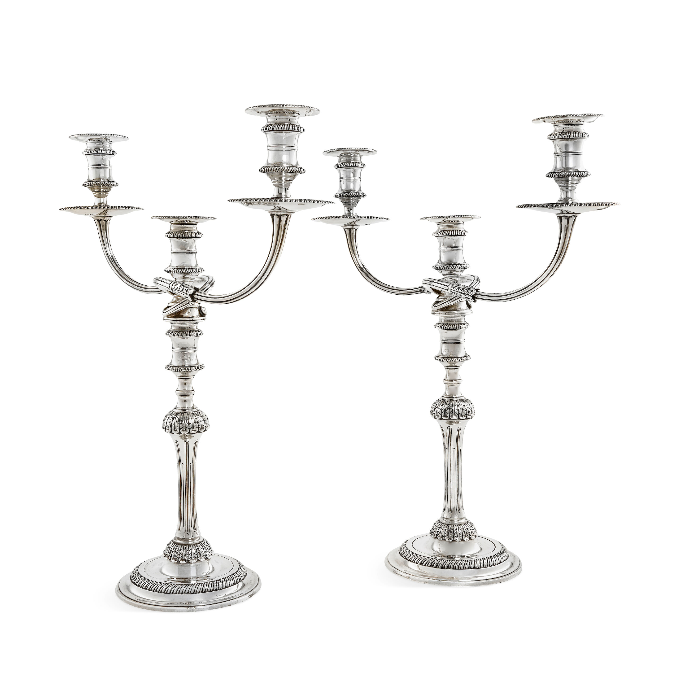 A pair of silver three-light candelabra John Charles Lowe, London 1956