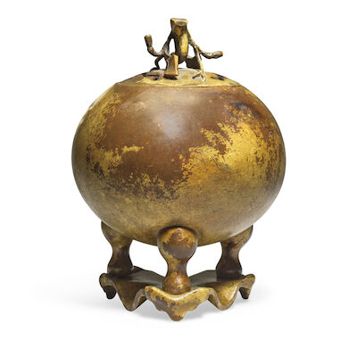 A PARCEL-GILT INCENSE BURNER, COVER AND STAND Xuande six-character mark, 20th century (3)