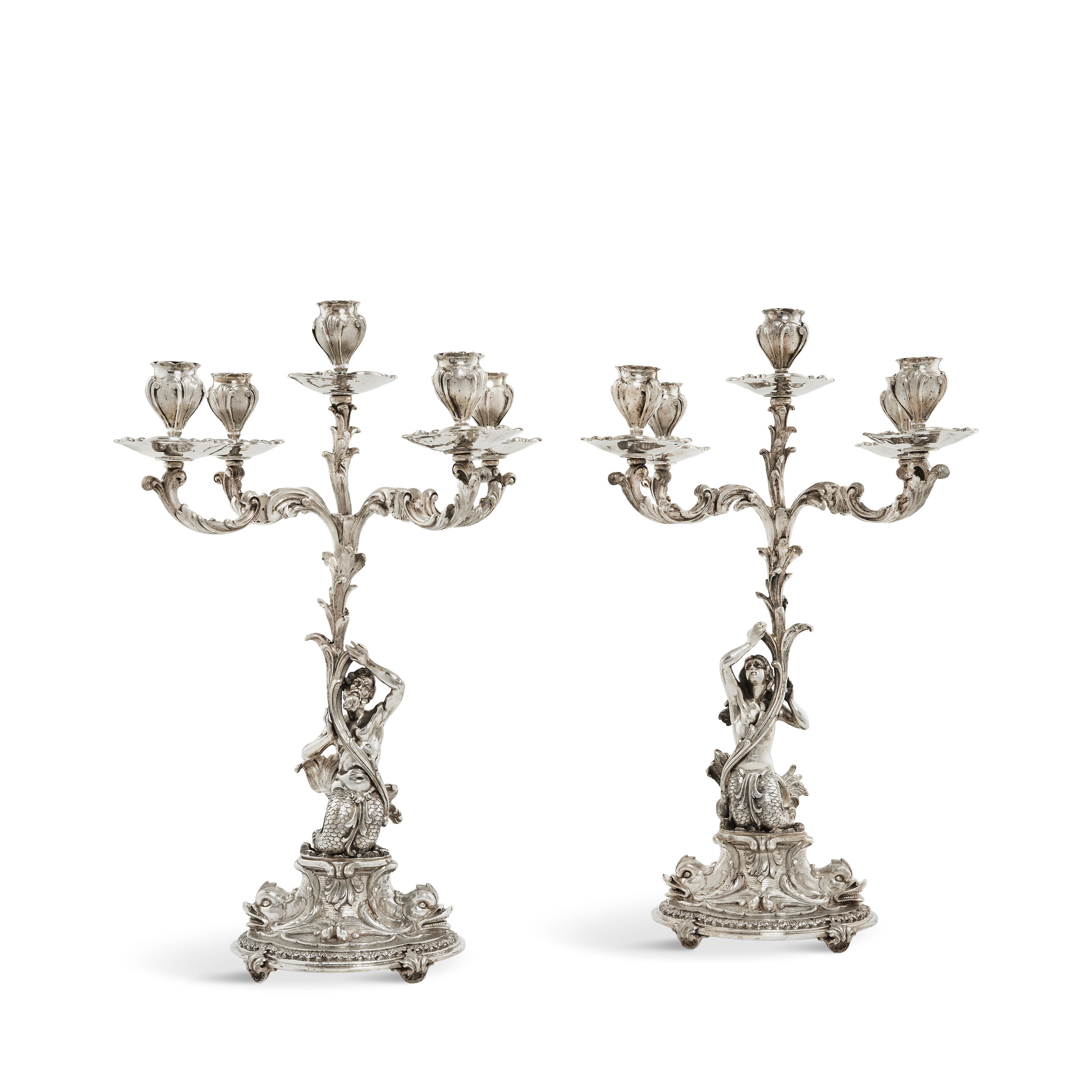 A pair of 20th century Italian silver five-light candelabra Caputo Francesco, Milan, 1944 to 1970 period mark, incuse stamped 800 (2)
