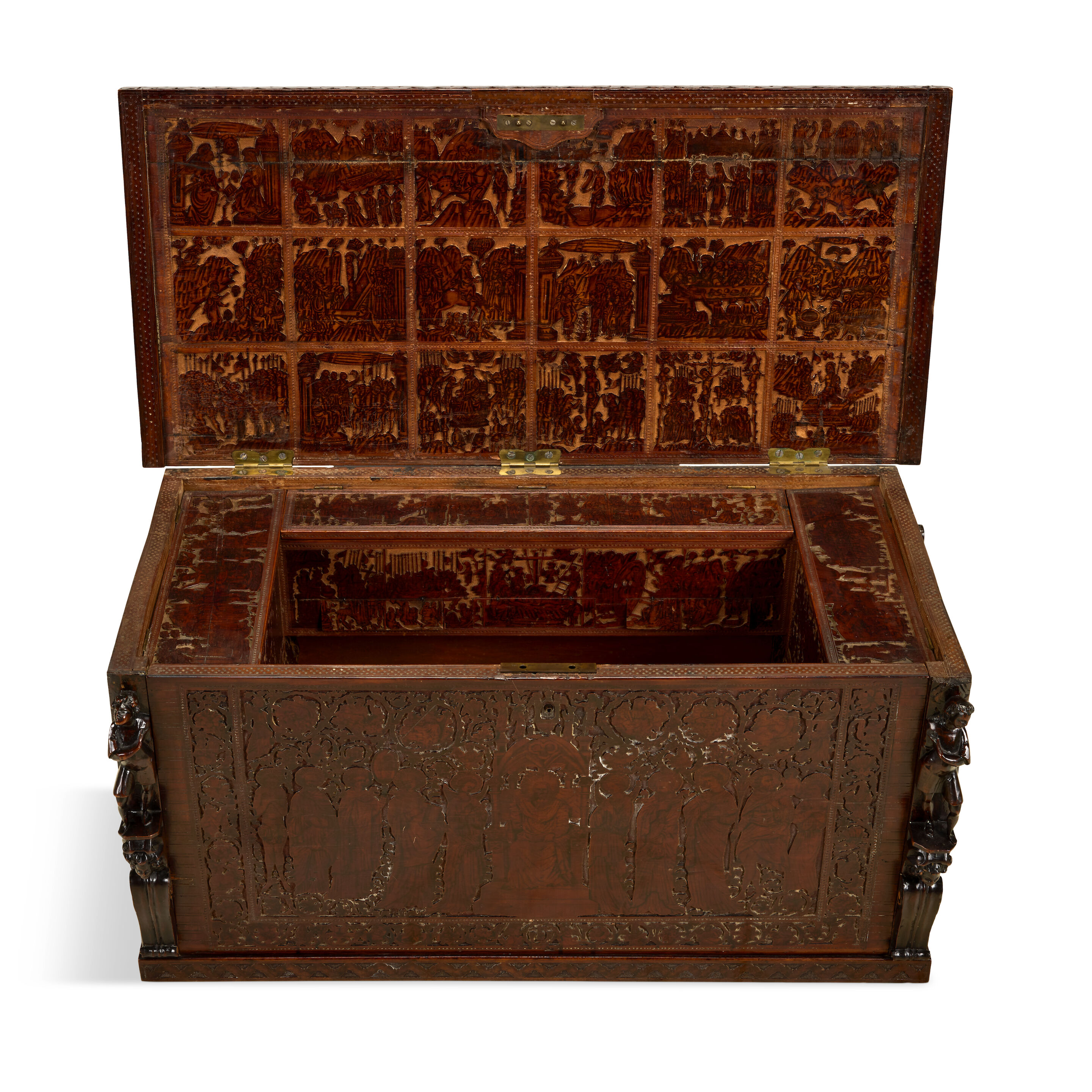 An interesting Italian first half 17th century cedar and pokerwork secretaire cabinet with an extensively fitted interior