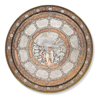 A large gold, silver and copper-inlaid brass tray depicting scenes from the Old Testament signed by Nu'man Damascus, Syria, dated AD 1913