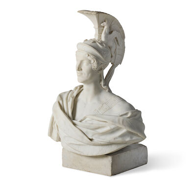 Pompei Marchesi (Italian, 1783-1858): An impressive Neoclassical carved white marble bust of a warrior god, probably depicting the young Mars (2)