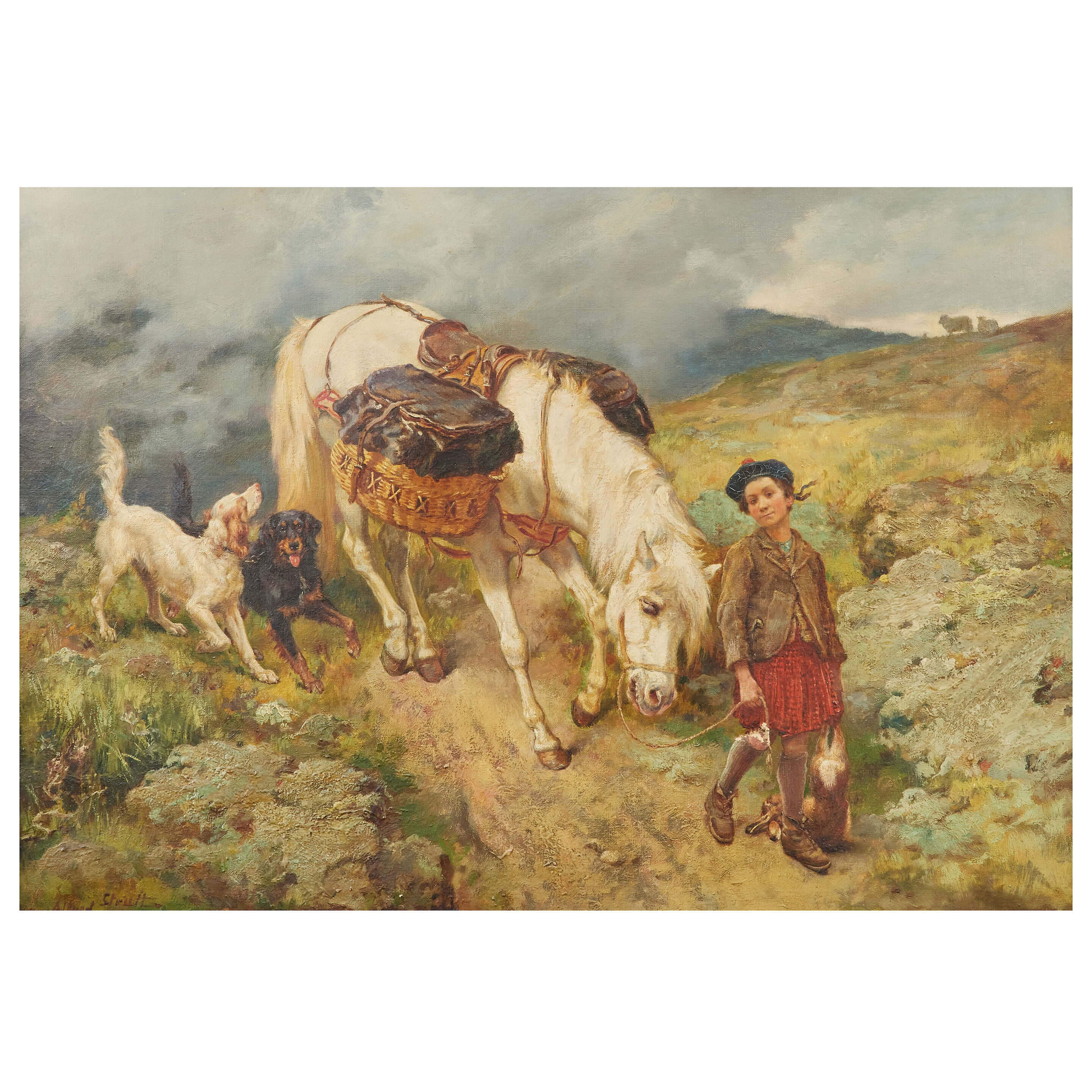 An extensive highland landscape with boy, pony and two dogs