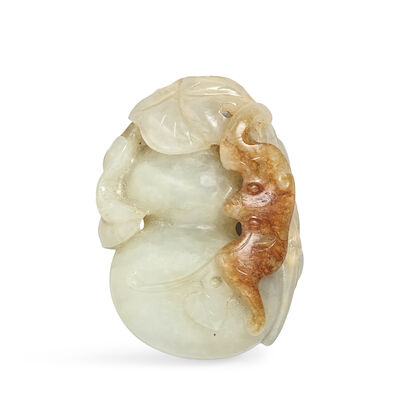 A PALE CELADON AND RUSSET JADE 'BAT AND DOUBLE GOURD' CARVING 18th/19th century