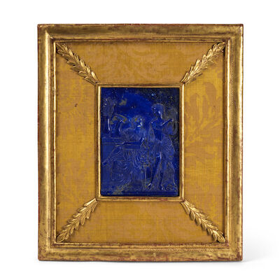 Bas-relief en lapis-lazuli représentant La Poésie et la Musique D'après un bas-relief en marbre de Jean Rousselet (1656 - 1693) de 1686 représentant La Poésie et la Musique célébrant la gloire du roi Louis XIVItalie ou France, fin du XVIIe-XVIIIe siècleA carved lapis lazuli depicting Poetry and Musi