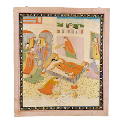 Nala swooning on her sickbed, consumed by love, surrounded by female attendants, a scene from a Nala-Damayanti series Pahari, Kangra, circa 1840-50