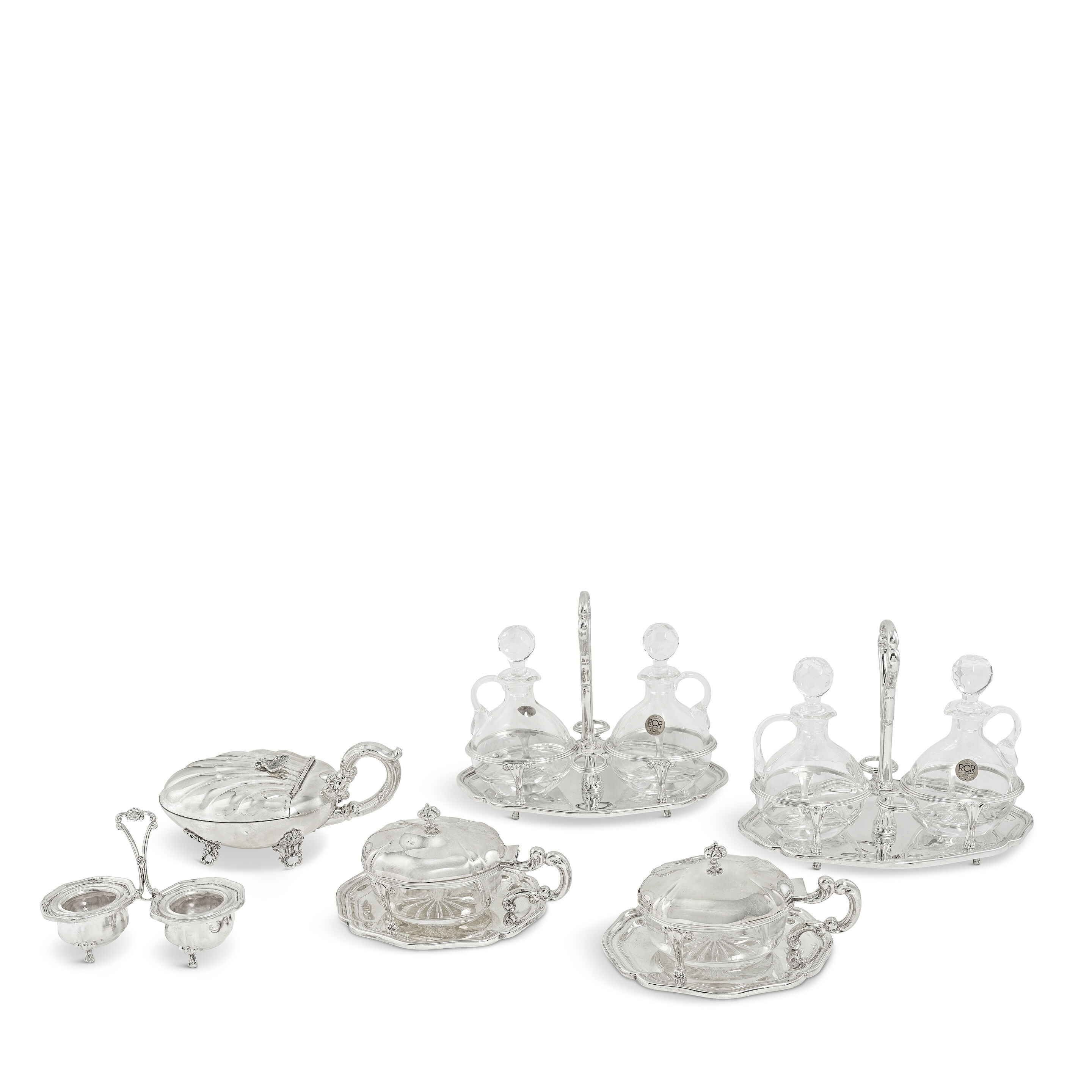 A silver five-piece condiment set and further serving dish import stamped mark RG in shaped punch, London 2005, stamped 925 (6)