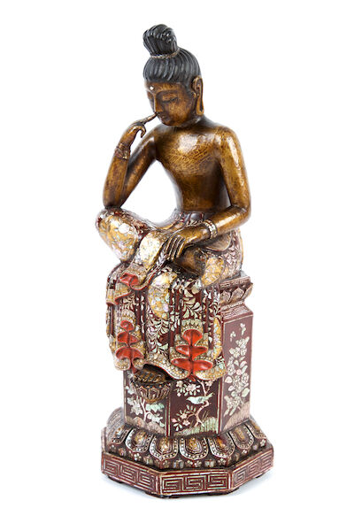 A MOTHER-OF-PEARL INLAID LACQUERED WOOD MAITREYA Probably Korean, 19th century