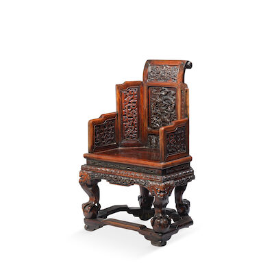 AN EXCEPTIONALLY RARE ZITAN AND HONGMU 'DRAGON' 'THRONE' Qianlong six-character mark, Qing Dynasty (2)