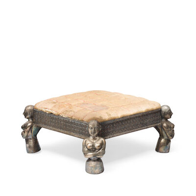 A silver-mounted wood footstool India, 19th Century