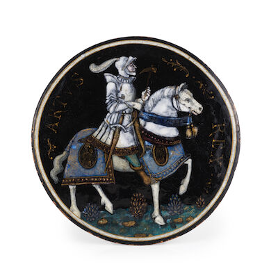 Attribuée à Colin Nouailher (actif 1539-1567), Limoges, milieu du XVIe sièclePlaque en émail peint polychrome à rehauts d'or représentant le roi ArthurAttributed to Colin Nouailher (actif 1539-1567), Limoges, mid-16th centuryA polychrome painted enamel plaque with gold highlights depicting king Arth